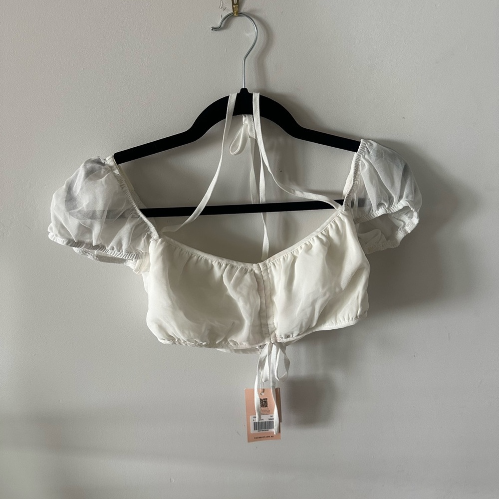Tiger Mist Cream Sheer Puff Sleeve Crop Top